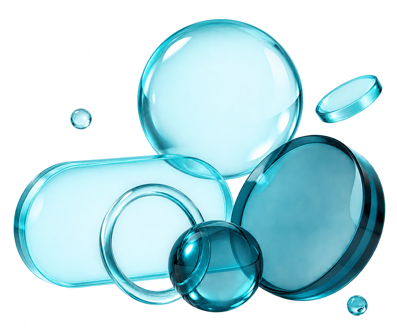 Abstract composition of translucent teal glass bubbles and geometric shapes