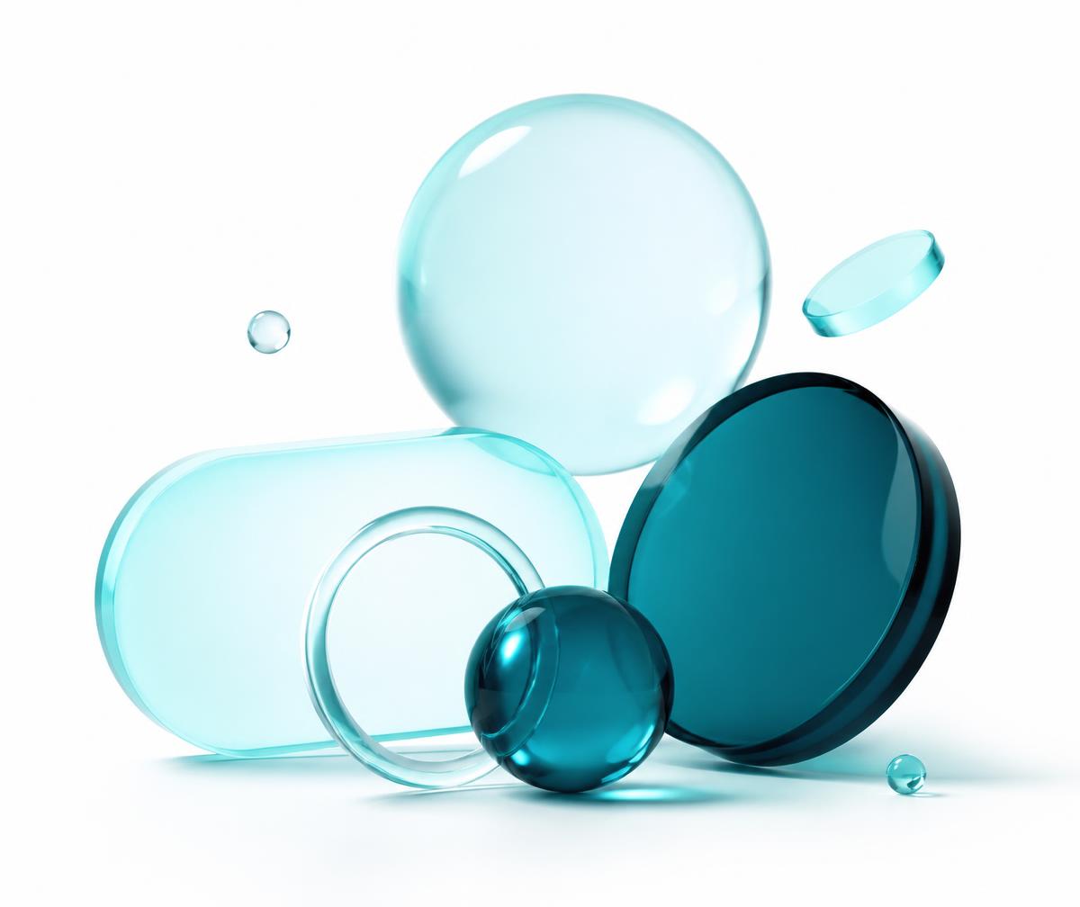 Abstract composition of translucent teal glass bubbles and geometric shapes